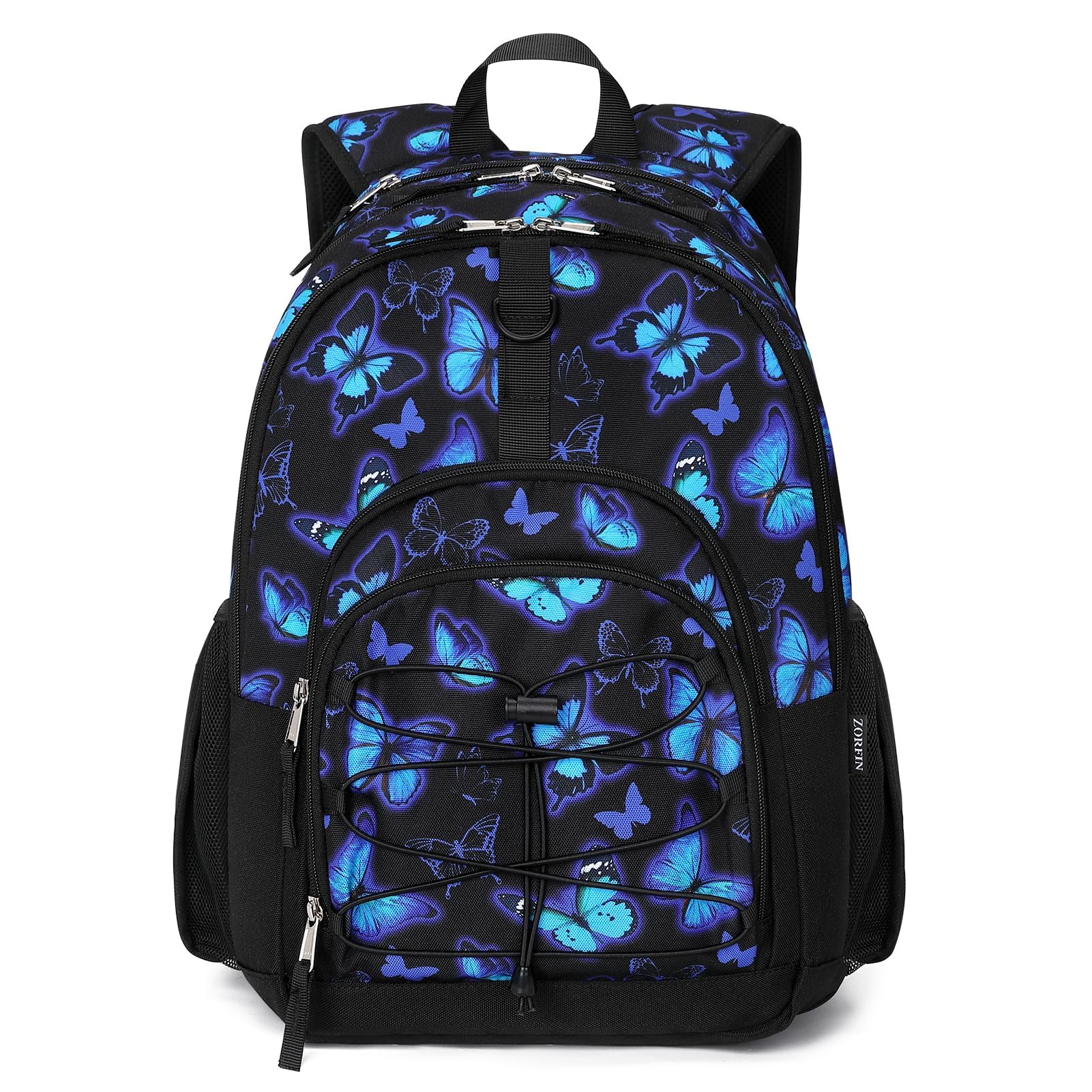 ZORFIN Kids Backpack for School & Travel - Multi Compartment Bookbag for Girls & Boys (Butterfly Black) - Perfect for Daily Use, Classroom, Outdoor Adventures & Weekend Trips