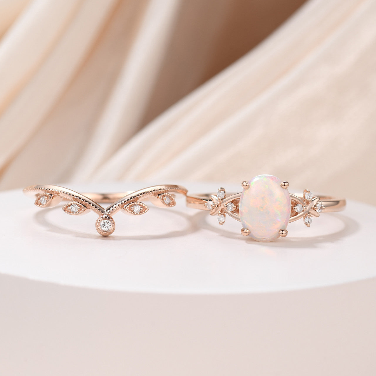 Vintage Natural Fire Opal Engagement Ring Set - Oval Australian Opal Jewelry for Women - Perfect for Wedding, Anniversary & Special Occasion Gifts