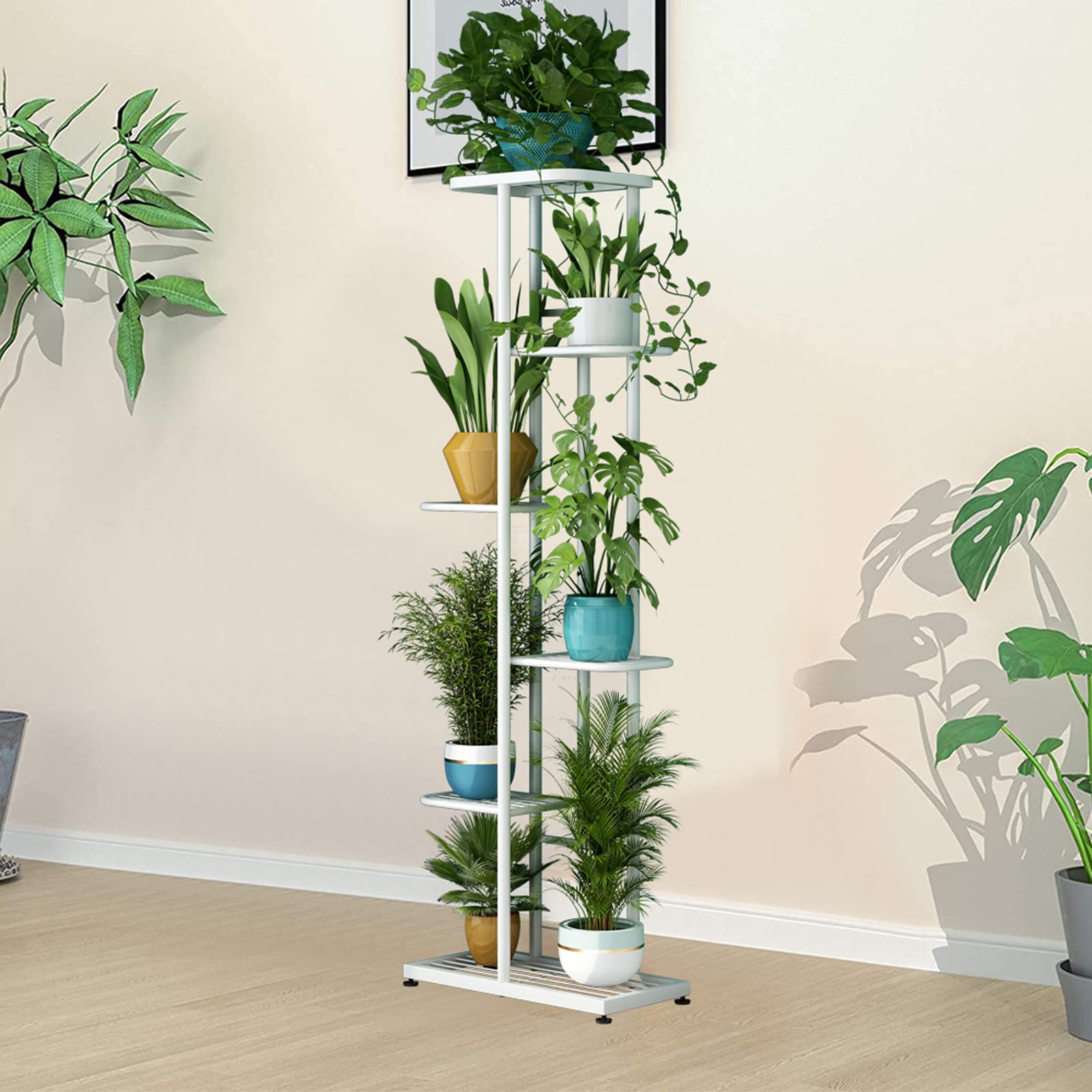 6-Tier Metal Plant Stand for Indoor & Outdoor - 7 Potted Flower Holder Shelf for Patio, Garden, Balcony & Living Room - White Planter Display Shelving Unit for Home Decor & Space Saving