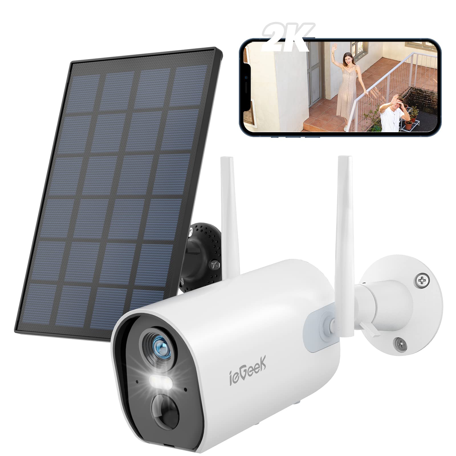 ieGeek 2K Solar-Powered Wireless Outdoor Security Camera with Color Night Vision, WiFi CCTV System, Motion Detection, Floodlight Alarm & 2-Way Audio - Ideal for Home Security, Backyard Monitoring & Business Surveillance