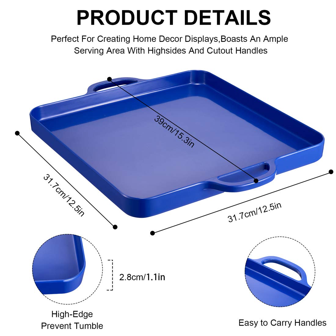 Square Melamine Serving Trays with Handles - 12.5x12.5 Inch Spill-Proof Dark Blue Kitchen Trays (Set of 2) for Cafeteria, Restaurant, Home Use - Perfect for Appetizers, Desserts, Snacks, Breakfast, Lunch & Dinner Serving