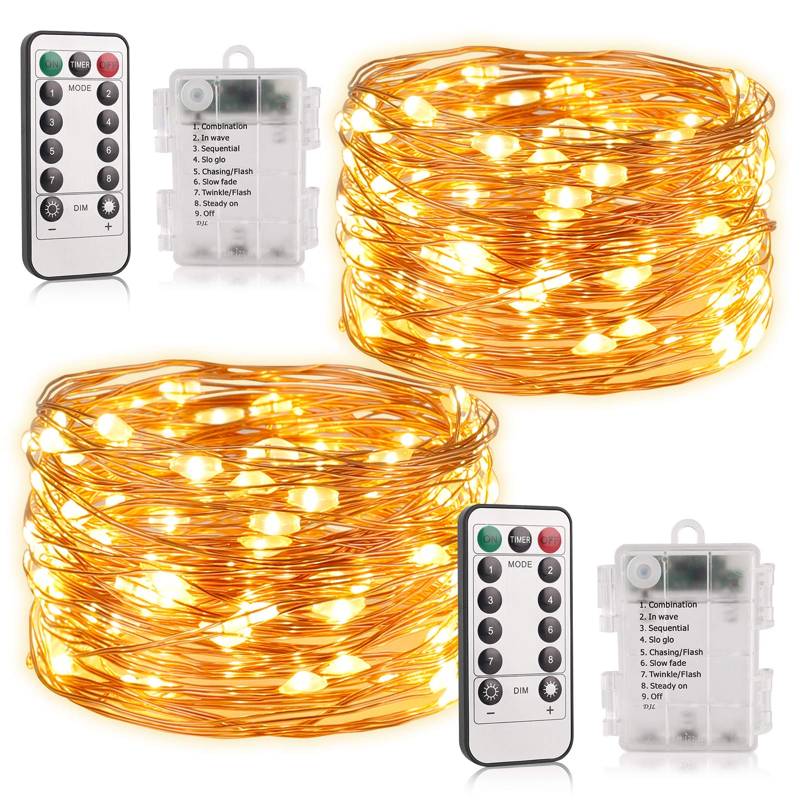 100 LED Fairy String Lights - 33ft Battery Operated Waterproof Christmas Lights with Remote | Warm White Firefly Lights for Bedroom, Garden, Party Decor | Indoor & Outdoor Holiday Decorations [2 Pack] | Perfect for Christmas Tree, Wedding, Patio & Backyard Lighting