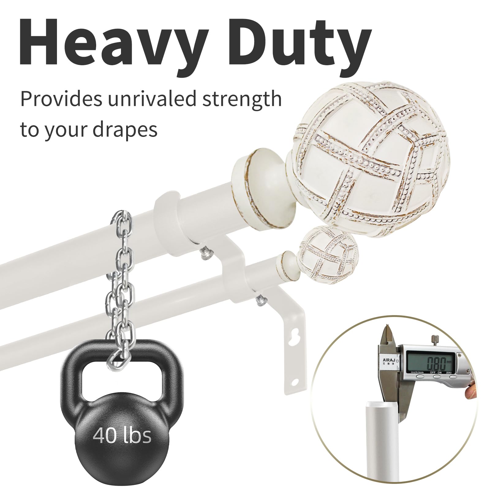 Ycolnaefllr 1 Inch Heavy Duty Double Curtain Rod Set - Adjustable 28-48 Inches for Windows - Weathered White with Resin Finials & Holdbacks - Perfect for Living Room, Bedroom & Home Decor