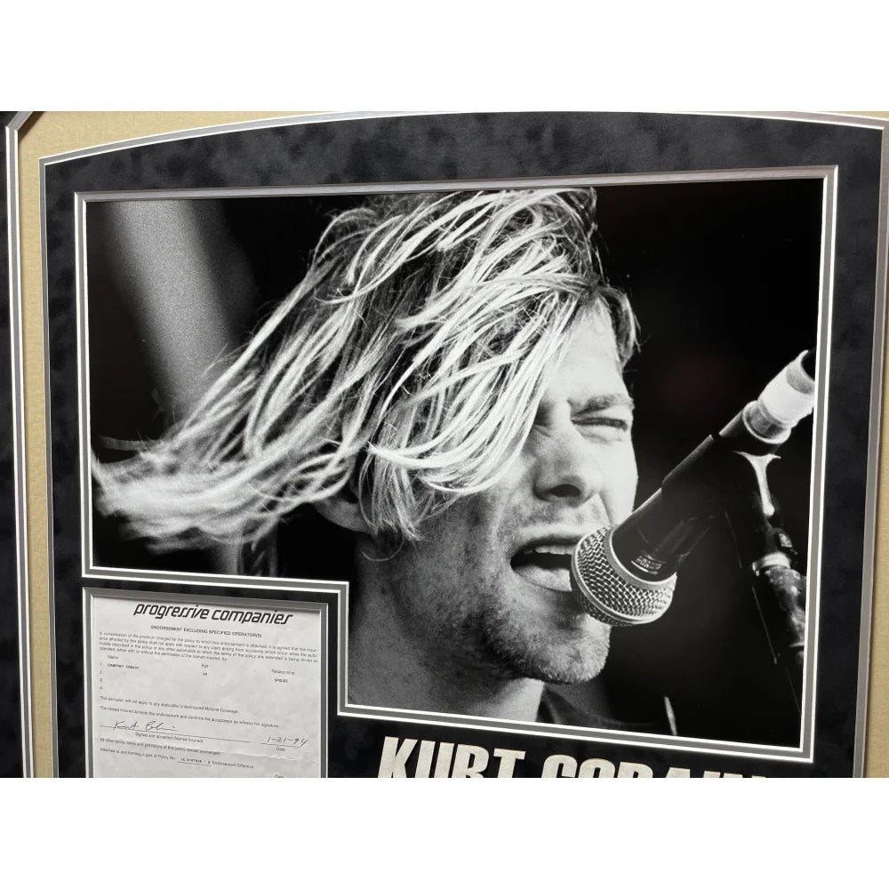Authentic Kurt Cobain Hand Signed Car Insurance Policy Letter - Framed with JSA COA - Rare Nirvana Memorabilia for Collectors & Music Fans - Perfect for Display in Home, Office, or Music Room Decor