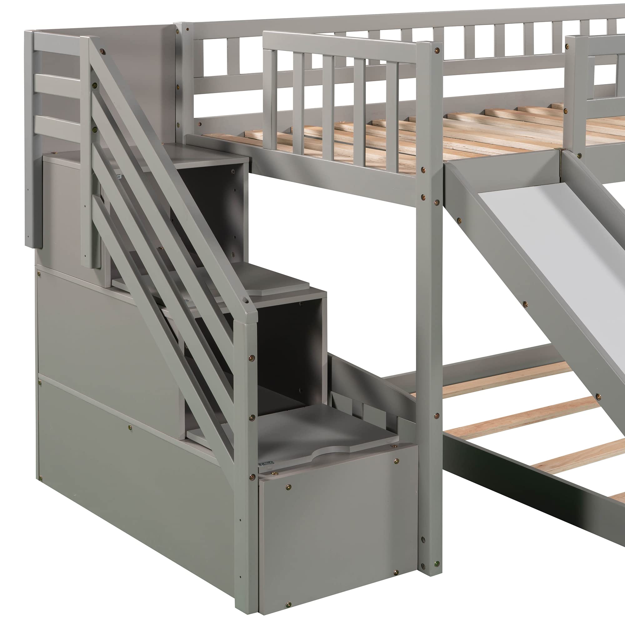 Modern Twin Over Twin Low Bunk Bed with Slide & 2 Drawers - Solid Wood Stairway Bunk Bed for Kids, Girls & Boys (Gray) - Perfect for Small Bedrooms, Kids' Rooms & Space-Saving Sleep Solutions