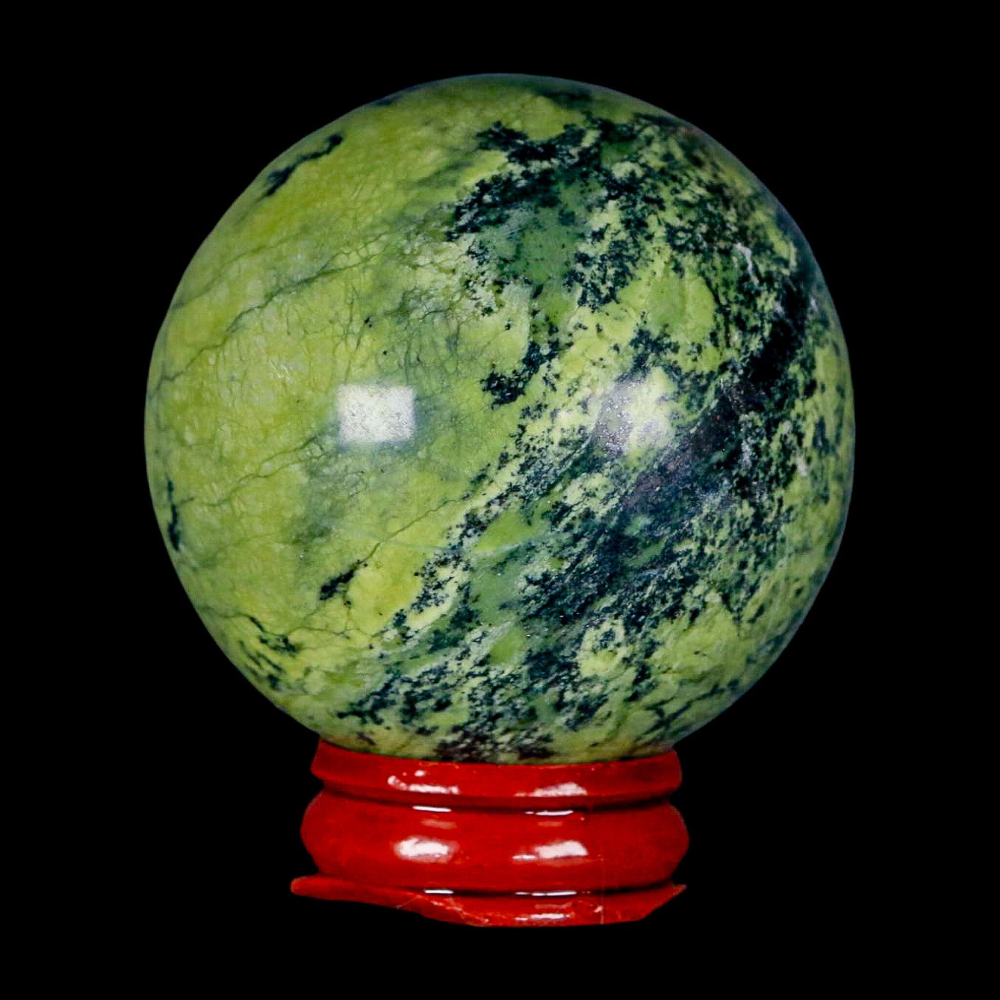 Natural Green & Yellow Serpentine Pyrite Sphere Ball - 53mm Healing Crystal Orb from Peru with Display Stand | Meditation, Feng Shui, Home Decor & Energy Stone Collection