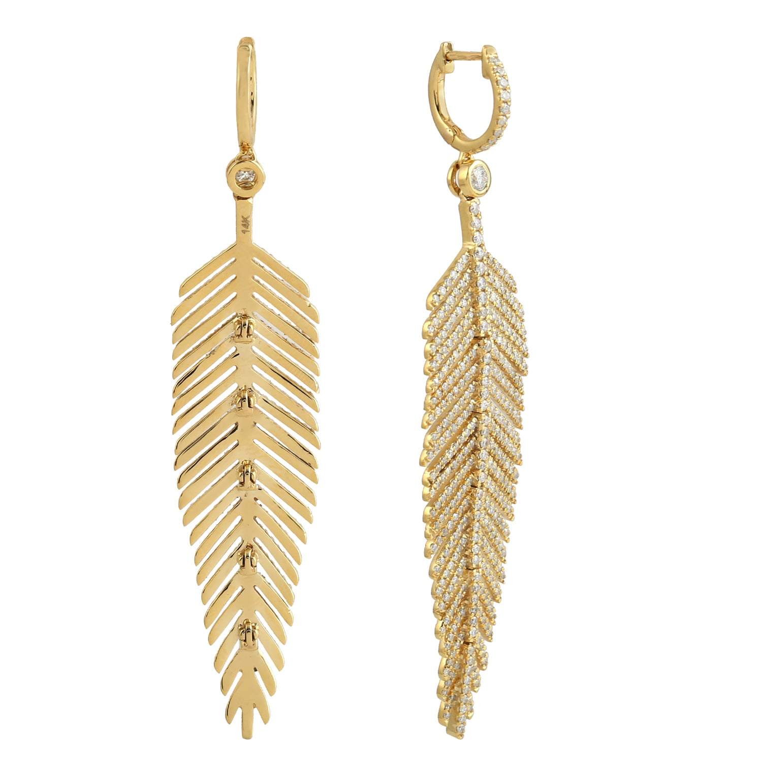 14K Yellow Gold Micro Pave Diamond Leaf Design Chandelier Earrings - Elegant Dangling Earrings for Women, Perfect for Weddings, Parties & Special Occasions