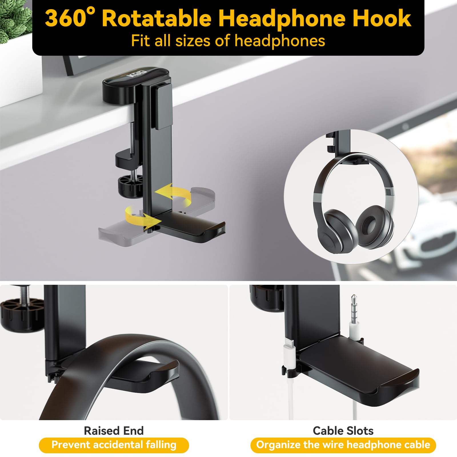 KDD 4-in-1 Under Desk Organizer - Rotating Headphone Holder with Detachable Cup & Pen Storage - Space Saving Desk Accessory for Office, Gaming & Home Use (Black)