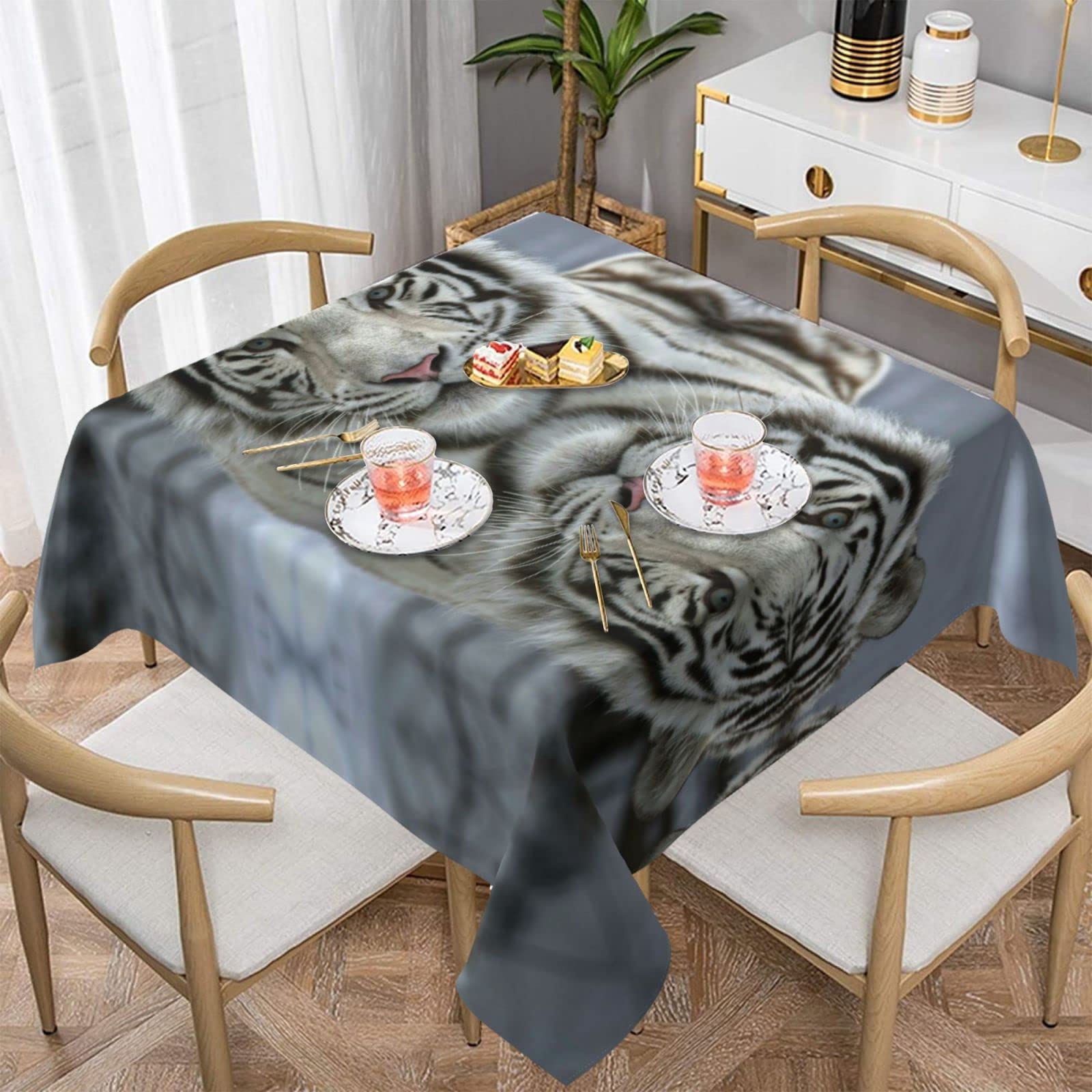 Premium White Tiger Print Square Tablecloth - Washable & Durable Kitchen Dining Table Cover for Indoor/Outdoor Use - Perfect for Parties, Picnics, and Everyday Dining
