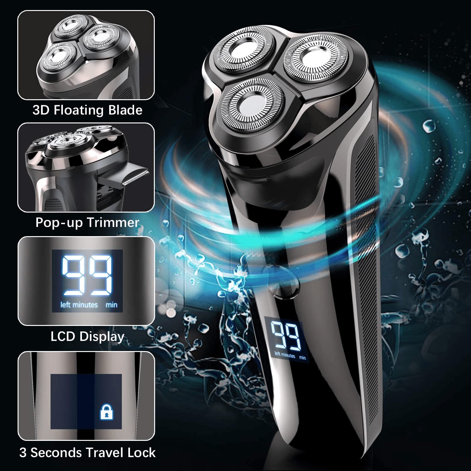 4D Electric Shaver for Men - IPX7 Waterproof Rotary Shaver with LED Display, Rechargeable Cordless Beard Trimmer & Nose Hair Trimmer - Includes Charging Stand & Pop-Up Trimmer - Perfect Gift for Dad & Husband - Ideal for Travel, Wet/Dry Shaving & Daily Grooming