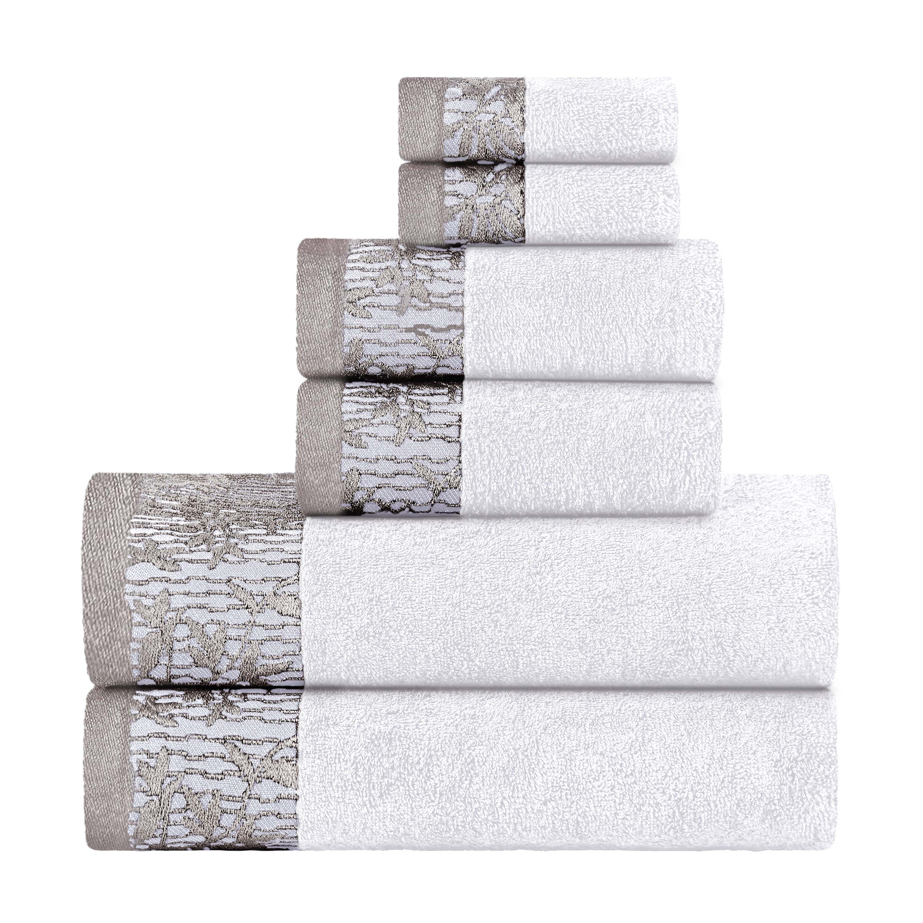 Wisteria Cotton Floral Embroidered Jacquard Border 6-Piece Bath Towel Set - Soft & Absorbent for Spa, Bathroom & Guest Use