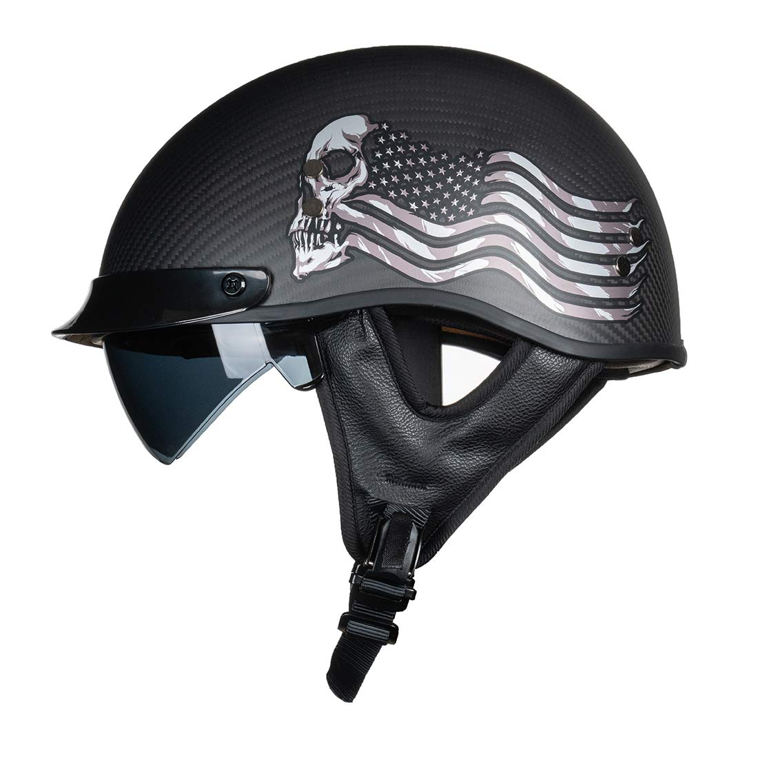Vintage Carbon Fiber Open Face Motorcycle Helmet for Men & Women - Half Face Cruiser, Chopper, Moped, Scooter & ATV Helmets (Flag Skull Design, Size S) - Perfect for Urban Commuting & Retro Bike Rides