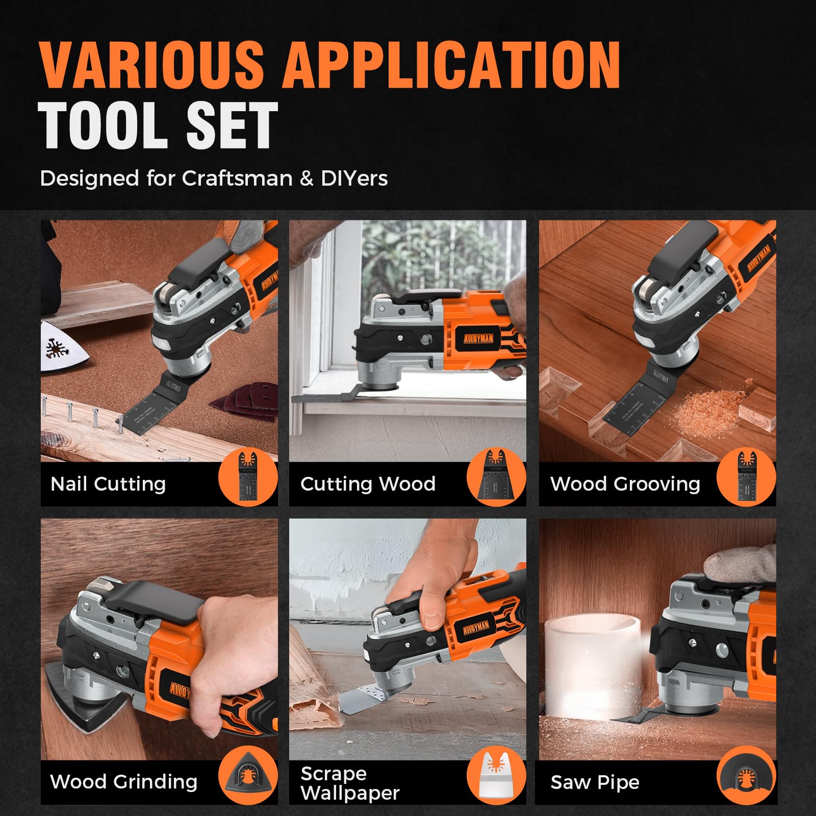 Alloyman 20V Cordless Brushless Oscillating Multi-Tool Kit - 19000OPM, 6-Speed Adjustable, Quick-Change Accessories, LED Light, 2000mAh Battery with 24-Piece Accessories for Cutting, Grinding, Sanding - Perfect for DIY Projects, Home Renovation, and Professional Woodworking