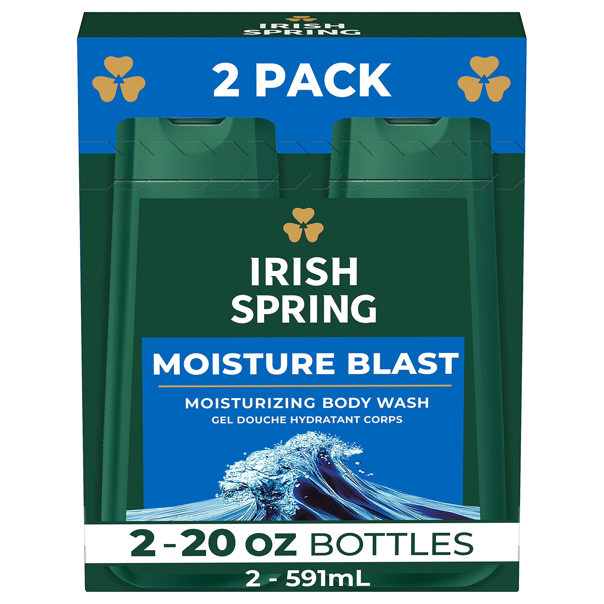 Irish Spring Moisture Blast Hydrating Body Wash for Men - 20 Fl Oz (Pack of 2) & 30 Oz Pump Bottle - Refreshing Shower Gel with Shea Butter & Aloe - Perfect for Daily Use & Gym Recovery