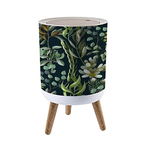 **Eco-Friendly Small Trash Can with Lid – 1.8 Gallon Seamless Round Waste Bin, Dog-Proof Press Cover, Eucalyptus Magnolia Fern & Succulent Design – Perfect for Kitchen, Bathroom, Living Room, Office & Dorm**