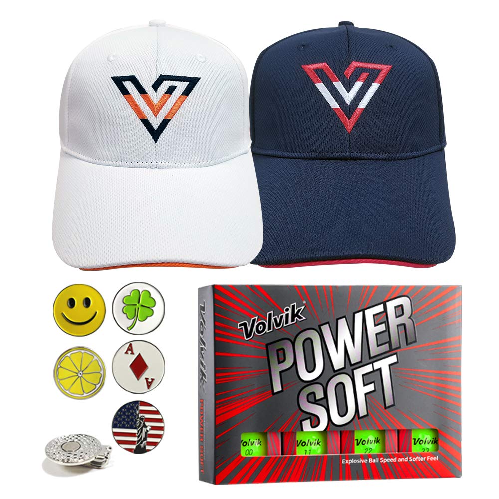 Volvik Power Soft Golf Balls Gift Set - 12 Golf Balls, 2 V-Logo Hats, 5 Ball Markers & 1 Magnetic Hat Clip | Premium Golf Accessories Bundle for Men & Women | Perfect for Golf Tournaments, Practice & Gifts