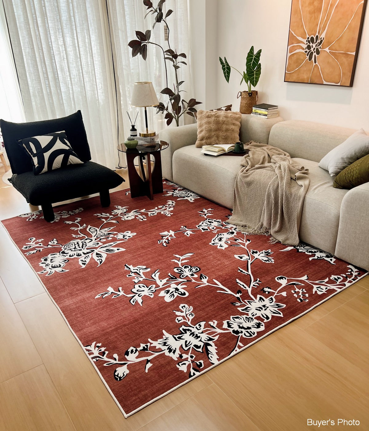 Abstract Contemporary Rugs with Floral Design - Modern Non-Slip Area Rug for Bedroom, Living Room & Dining Room - Soft Boho Decor Rug for Home & Office Spaces