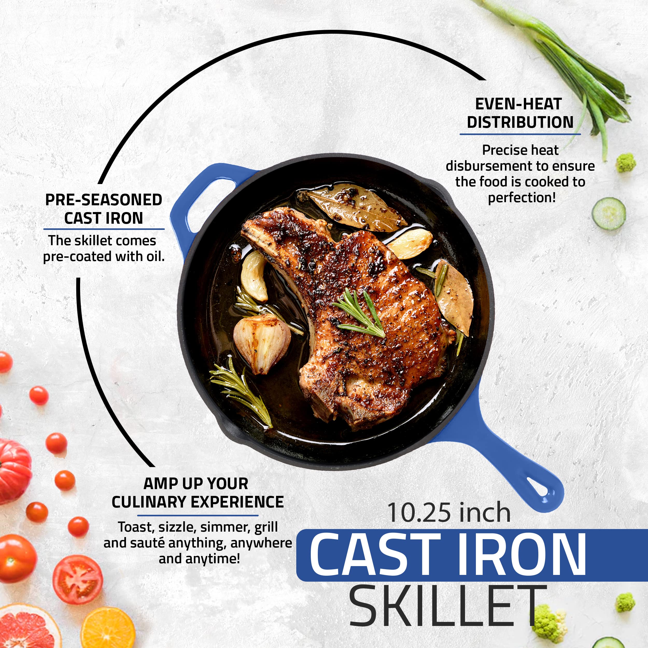 Utopia Kitchen 10.25 Inch Cast Iron Skillet - Pre-Seasoned Chef's Pan for Sauteing, Frying & Grilling | Indoor & Outdoor Safe Cookware | Perfect for Camping, BBQ & Home Cooking (Blue)