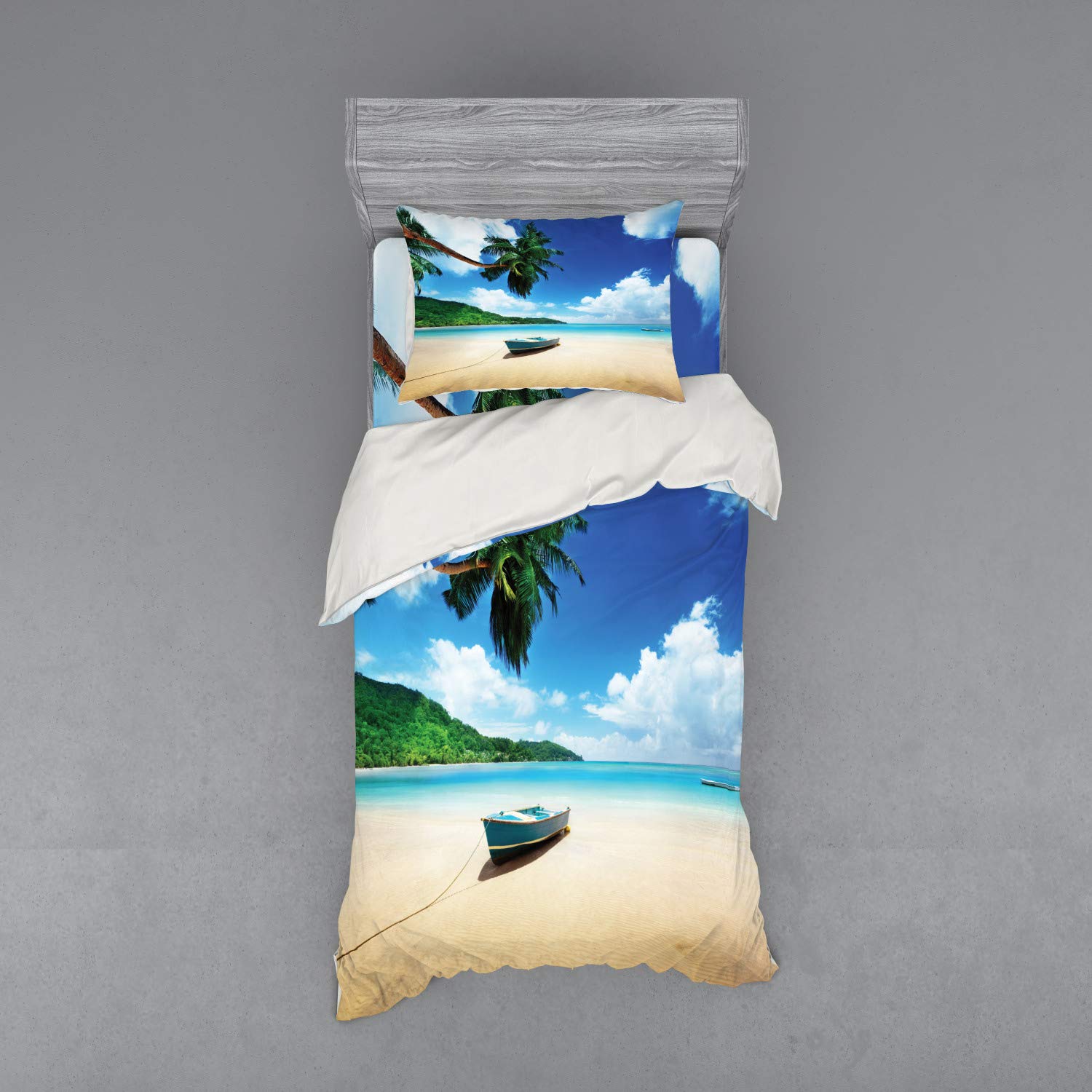 Ambesonne Beach Duvet Cover Set - Boat on Mahe Island Lagoon Seychelles Exotic Shoreline Design, 3-Piece Bedding Set with Pillow Sham & Fitted Sheet, Twin XL Size, Blue Green Sand Brown - Perfect for Coastal Themed Bedrooms & Vacation Home Decor