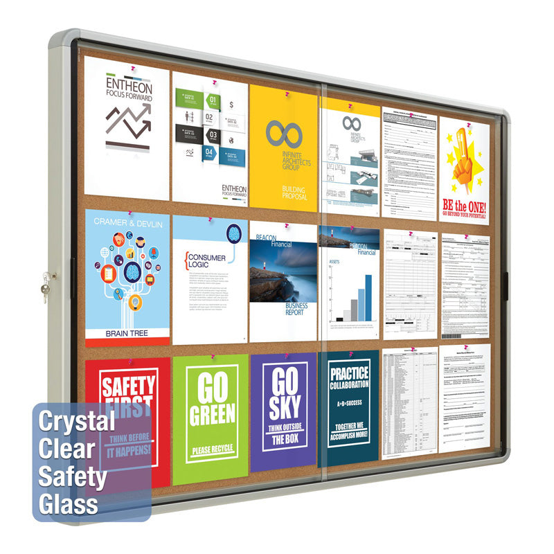 Premium Enclosed Indoor Cork Bulletin Board with Sliding Glass Doors - Silver Frame for Office, Classroom, or Home Organization & Memo Display
