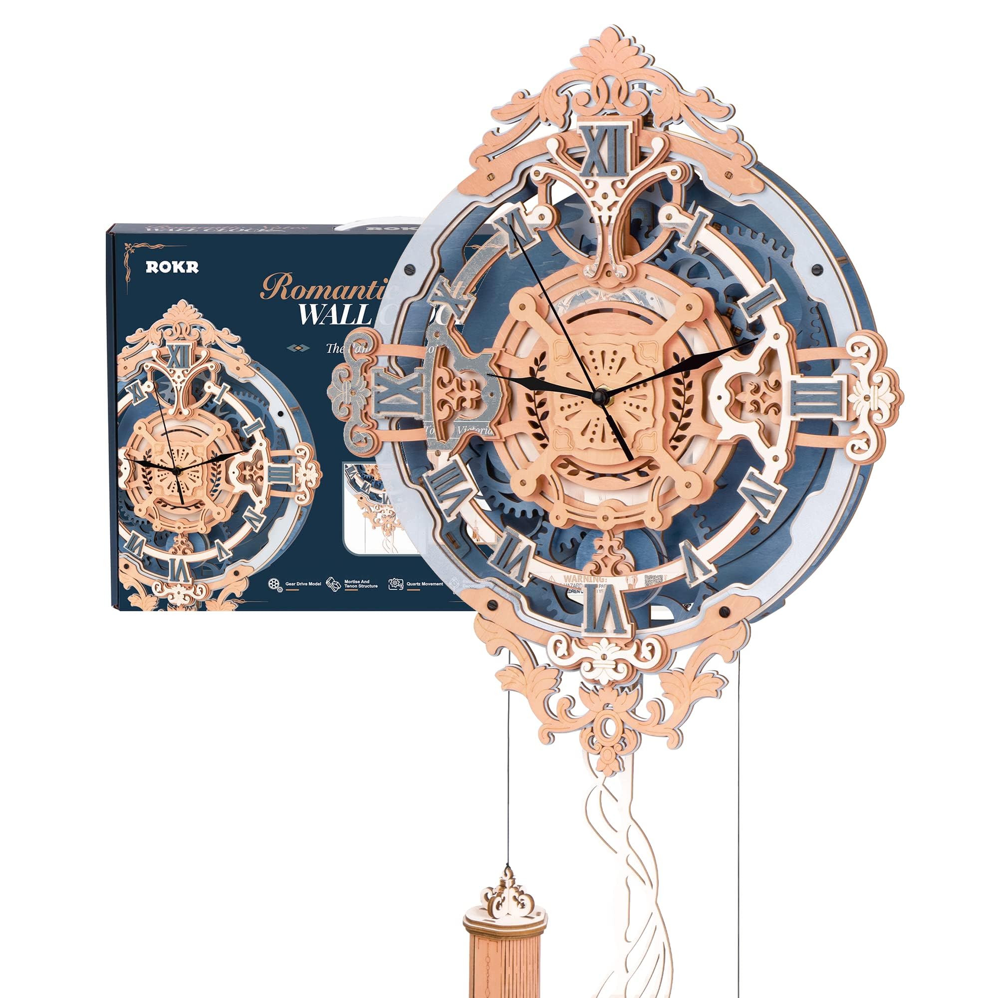 ROKR 3D Wooden Puzzle for Adults - DIY Wall Quartz Clock Kit - Creative Wood Model Building Kit for Teens & Adults - Vintage Home Decor for Men & Women - Perfect for Bedroom, Office & Gift Giving