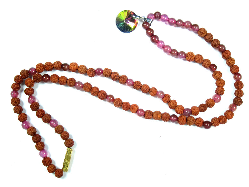 Handmade Meditation Mala with Rudraksha & Pink Rose Quartz Beads - Spiritual Prayer Beads for Yoga, Mindfulness & Stress Relief