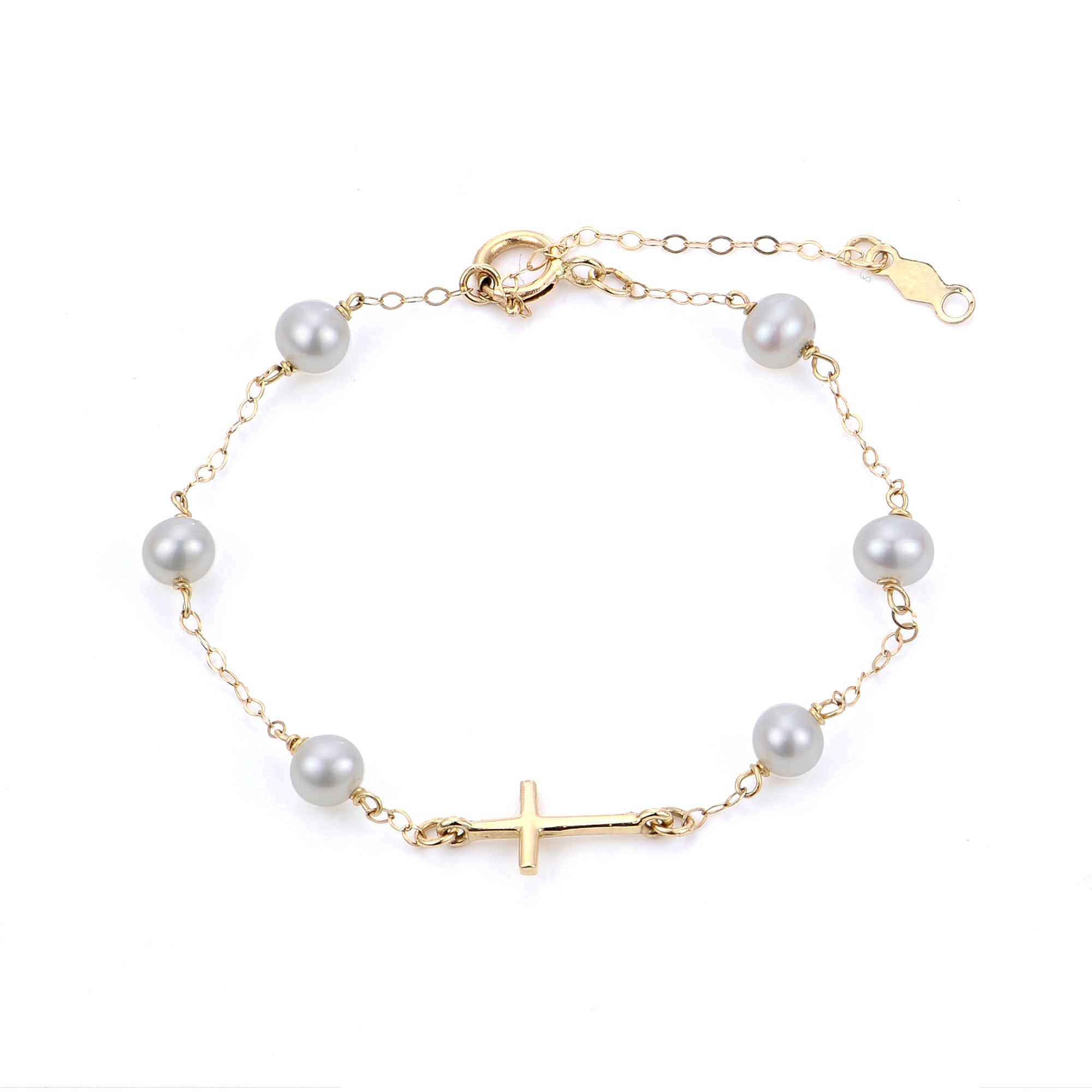 4mm Freshwater Pearl Cross Charm 14K Yellow Gold Bracelet for Girls - Elegant Gift for Baptism, First Communion & Special Occasions