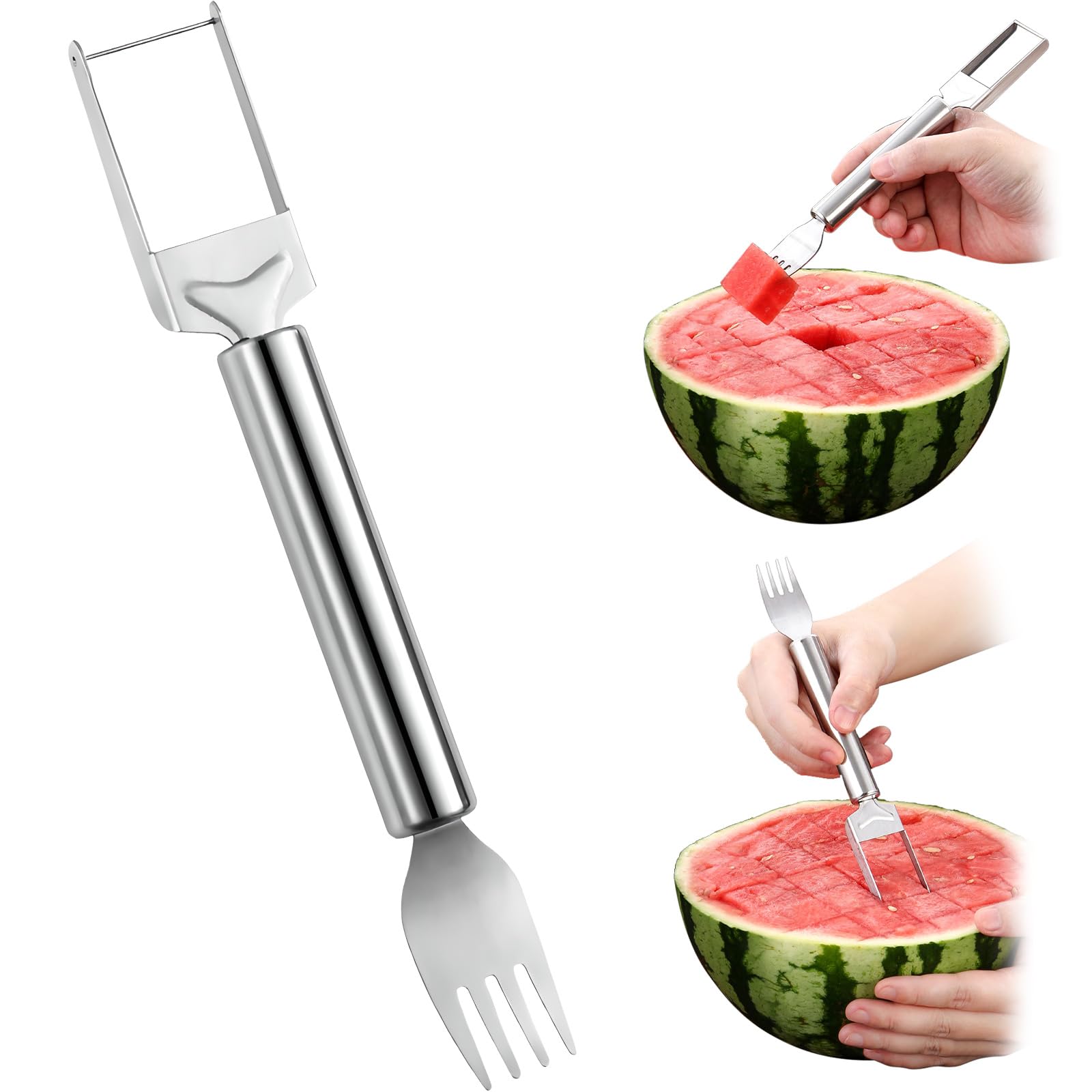 2 in 1 Stainless Steel Watermelon Fork Slicer & Fruit Knife - Durable Kitchen Tool for Easy Watermelon & Fruit Cutting - Perfect for BBQs, Picnics, and Summer Parties (Metallic Silver)
