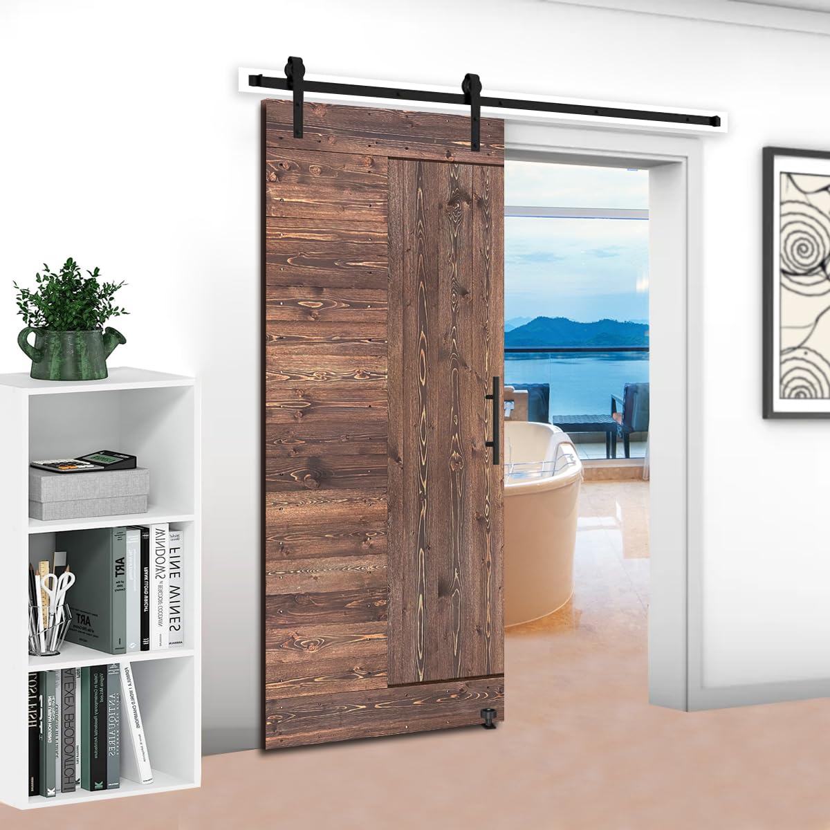S&Z TOPHAND® 84 Inch Brown Solid Wood Barn Door with 5FT Sliding Hardware Kit - 20/24/30/32/36/42/48/54 Inch Width Options - Modern Farmhouse Style Sliding Barn Door - Easy DIY Installation for Bedroom, Closet, or Living Room Partition