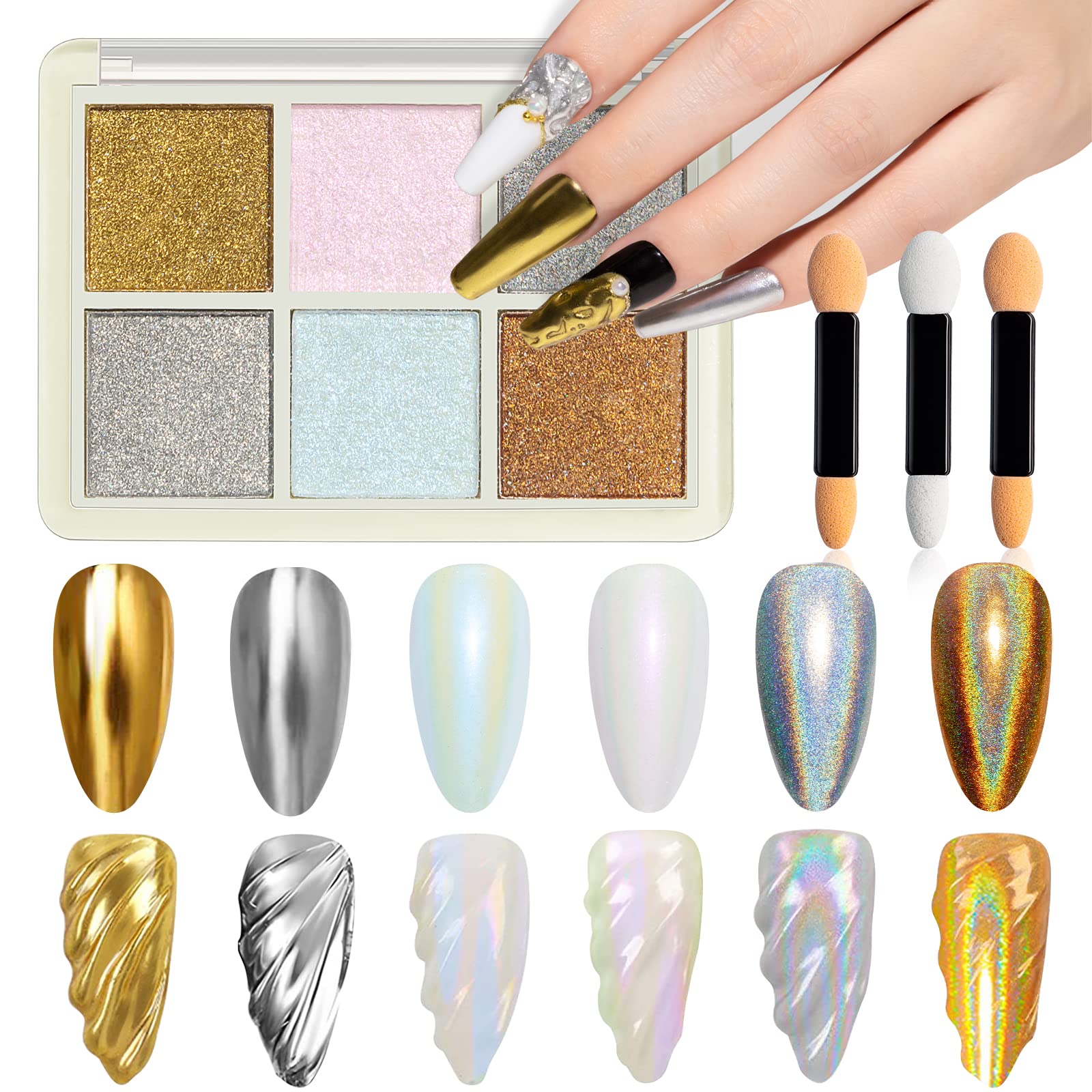 MIZHSE Pearl Chrome Nail Powder - 6 in 1 Iridescent Mermaid Glitter, Holographic Pigment for Nail Art (Aurora Gold, Silver Mirror Powder) | Perfect for Salon, DIY Manicures & Special Occasion Nail Designs