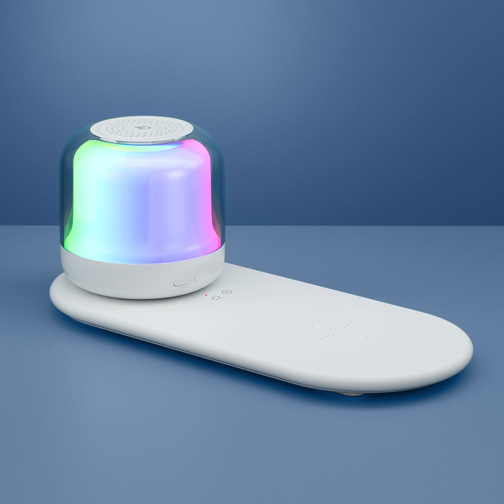 Devanti 3-in-1 Wireless Charging Station - 15W Fast Wireless Charger with RGB LED Lights & Bluetooth Speaker for iPhone, Samsung, AirPods - Perfect for Bedroom, Office & Travel