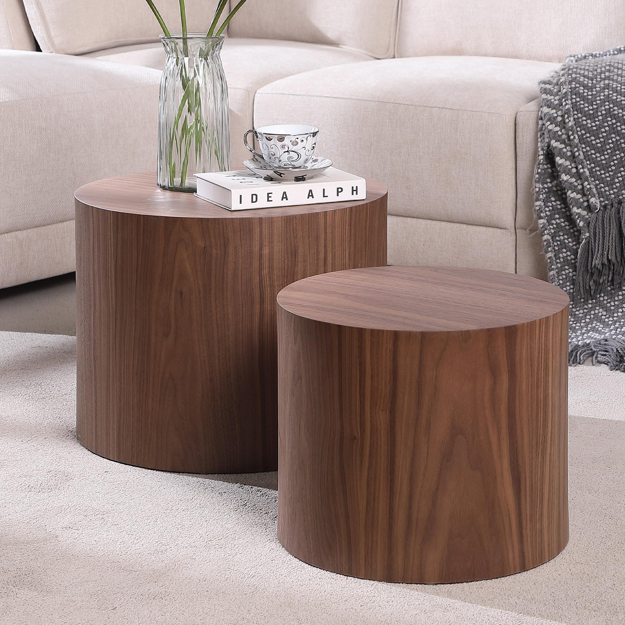 Round Wood Nesting Coffee Table Set of 2 - Walnut Side End Tables for Small Spaces | Living Room, Bedroom, Balcony & Office Decor | Compact Circle Accent Tables for Modern Homes