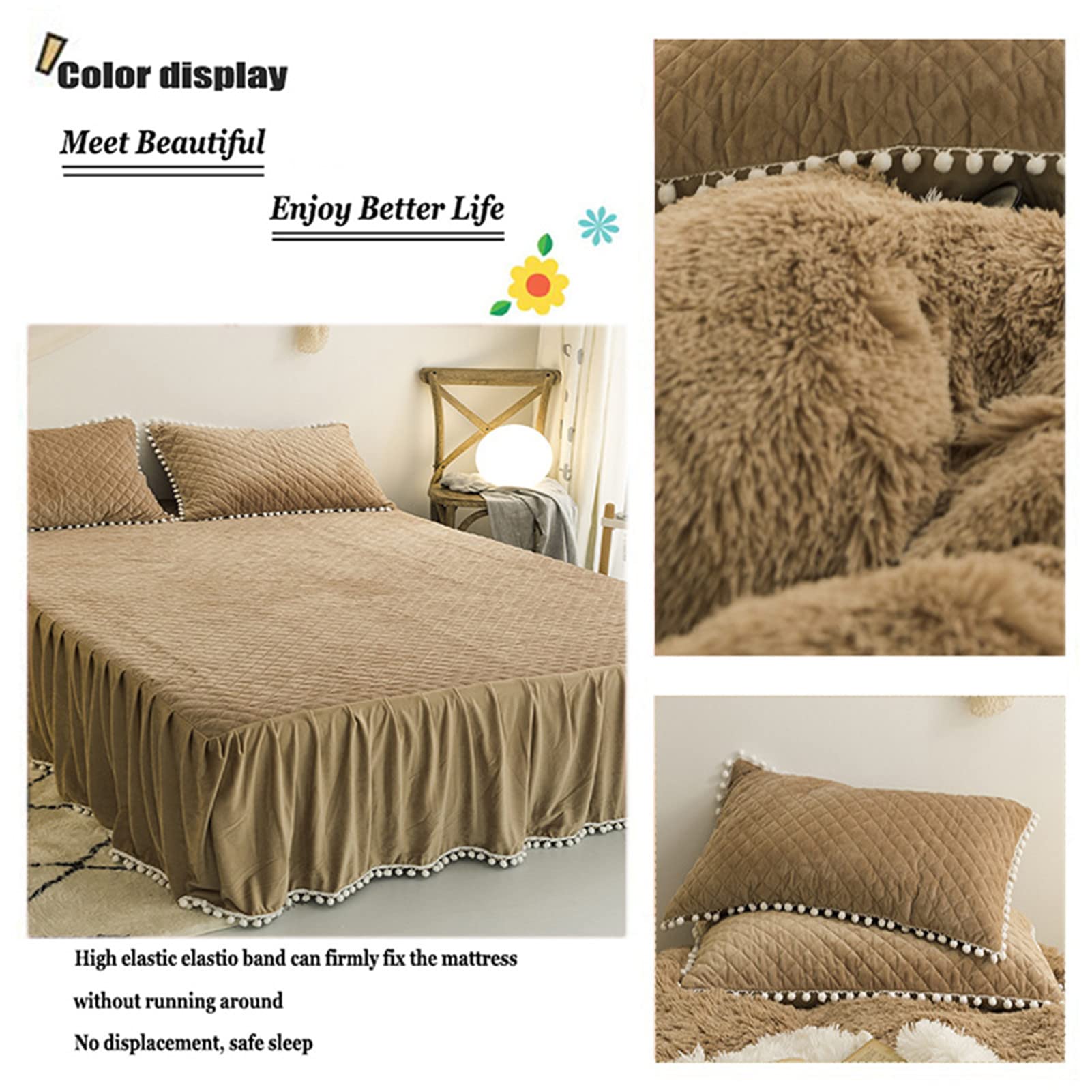 Luxury Fluffy Faux Fur Duvet Cover Set - Super Soft Plush Shaggy Comforter Cover with Pom Pom Fringe (1 Duvet Cover + 2 Pillow Shams) - Double Size 7ft/1.2m Bed - Warm & Cozy Winter Bedding for Master Bedroom, Guest Room & Dorm Decor