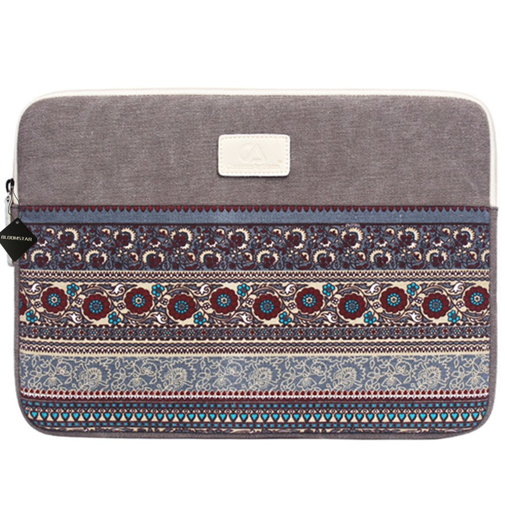 14 Inch Bohemian Canvas Laptop Sleeve - Protective Case for MacBook Pro, Air, Chromebook, Acer, Dell, HP, Samsung & Sony (Horizontal, Gray) - Perfect for Work, Travel & School Accessories