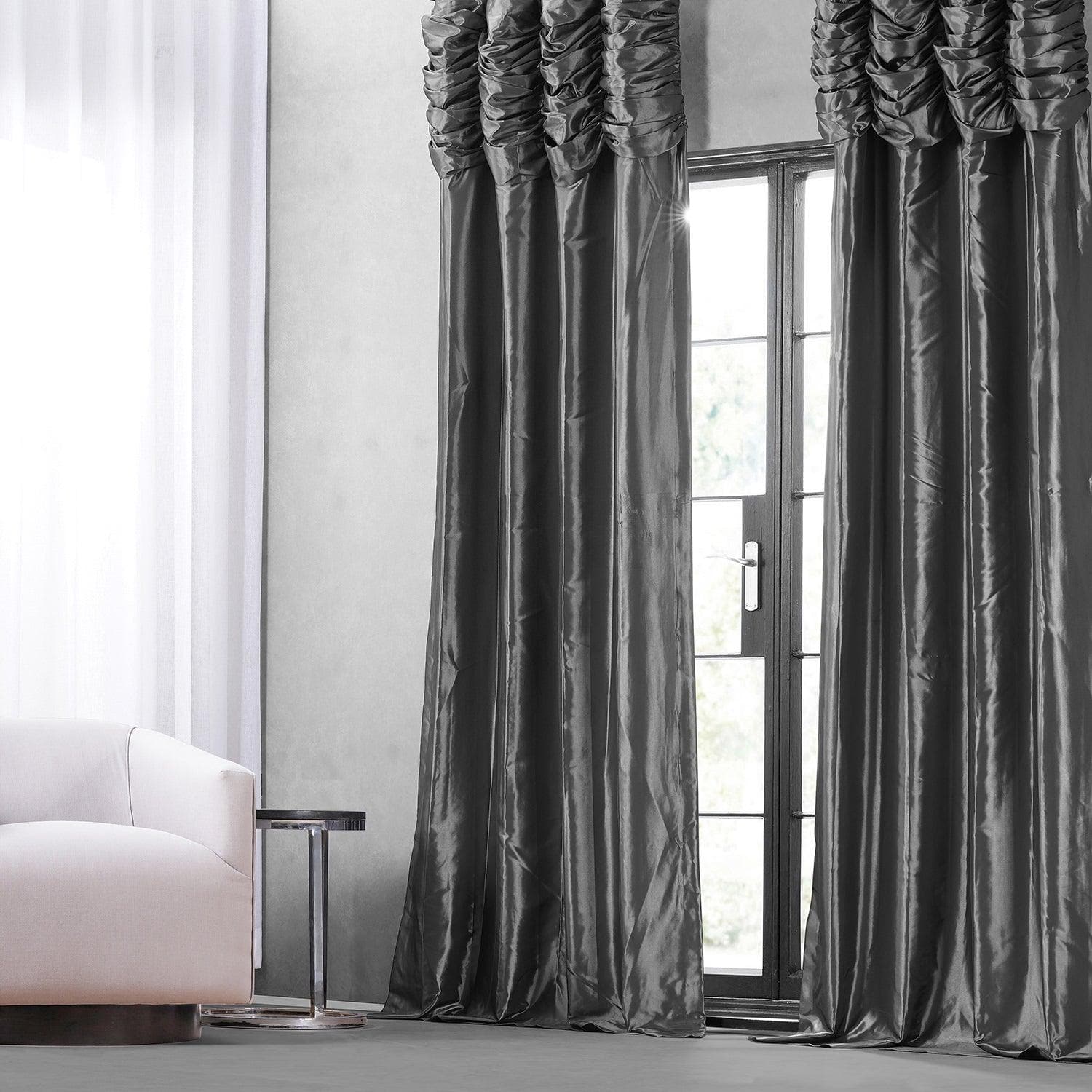 Graphite Ruched Solid Faux Silk Taffeta Blackout Curtains for Bedroom - Elegant Light Blocking Window Drapes for Home Decor & Privacy