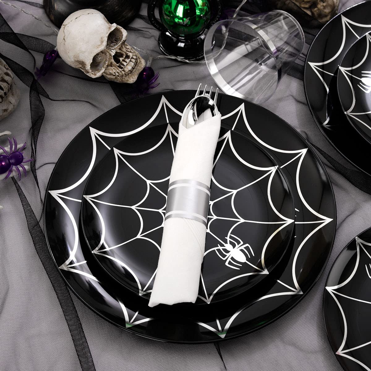 UCLA 30-Pack Halloween Party Plates with Spider Design - Black & Silver Plastic Disposable Dinnerware Set Includes Pre-Wrapped Silverware & Cups for Halloween Decorations, Themed Parties & Spooky Celebrations