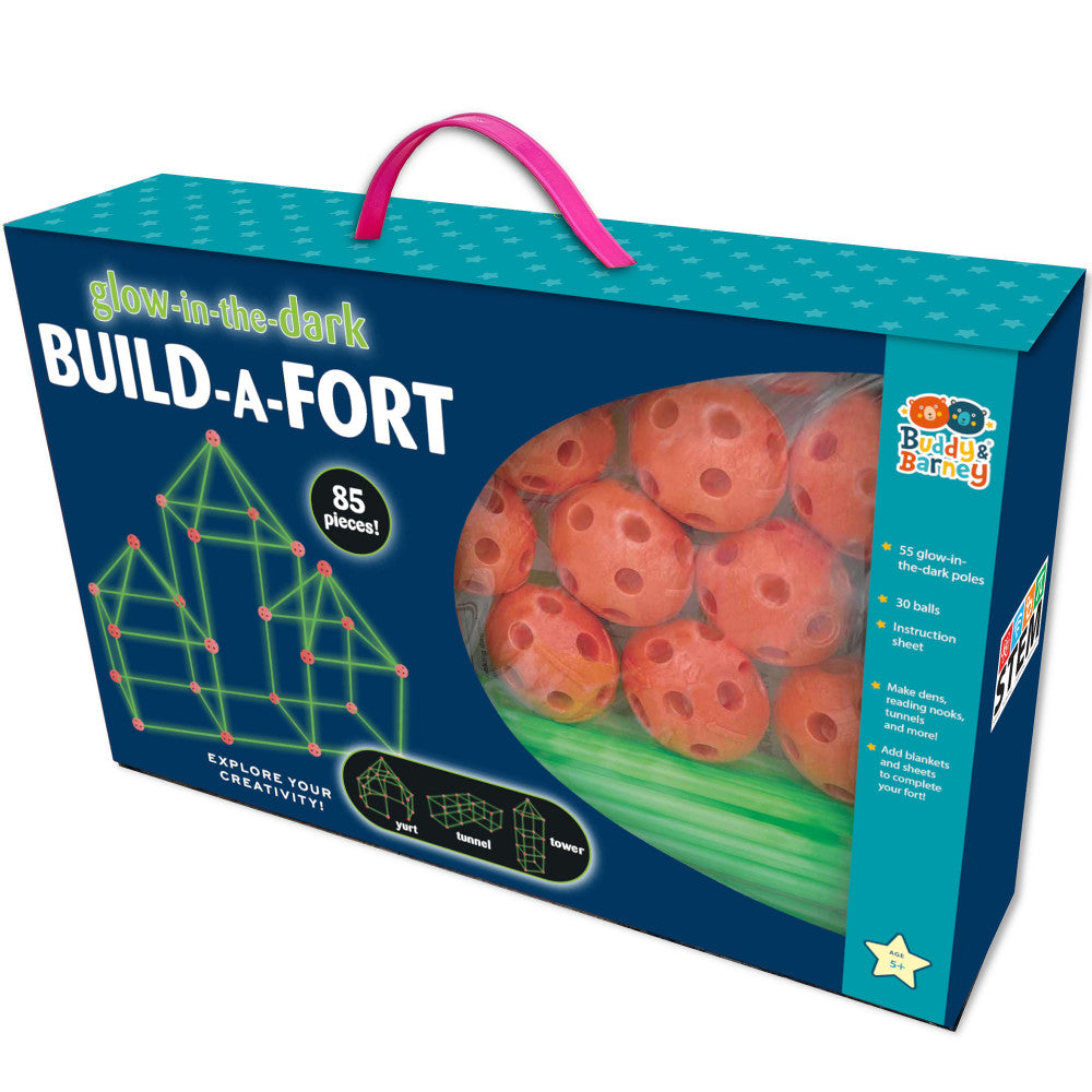Buddy & Barney Wonderbox Workshop 85-Piece Glow in The Dark Fort Building Kit for Kids - Creative Indoor Play, Sleepover Fun & STEM Learning Activities
