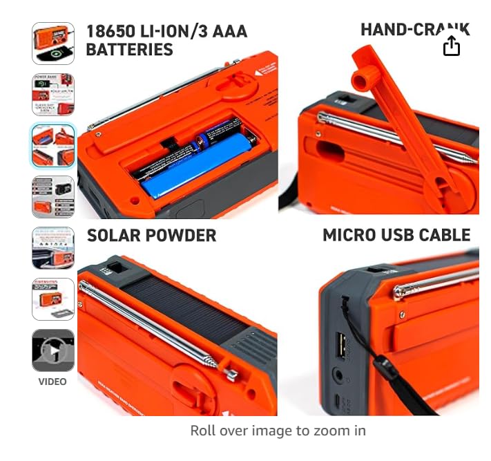 72 Hours Crusader ONE NOAA/AM/FM Emergency Weather Radio - USB Rechargeable, Solar & Hand Crank Powered - Portable Survival Radio with SOS Flashlight, Alarm & Headphone Jack (Red) - Perfect for Camping, Hiking & Emergency Preparedness