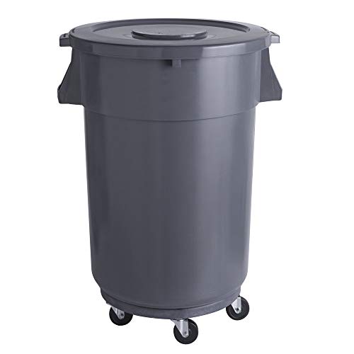 176 Qt. / 44 Gallon Commercial Round Trash Can with Lid & Wheels - Heavy Duty Gray Recycling Bin for Kitchen, Office, Restaurant & Warehouse Use - Touchless Waste Basket with Dolly for Easy Mobility