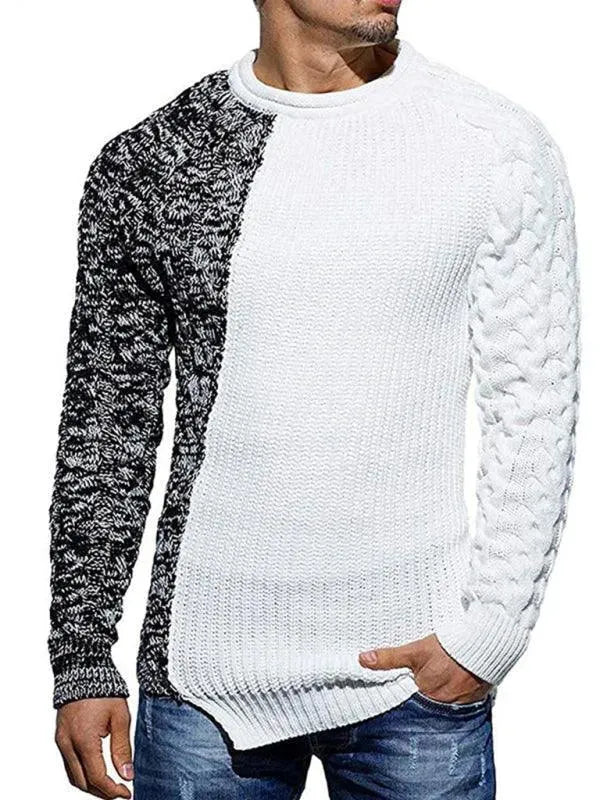 Men's Patchwork Round Neck Pullover Sweater - Cozy Knitwear for Casual Wear & Winter Fashion