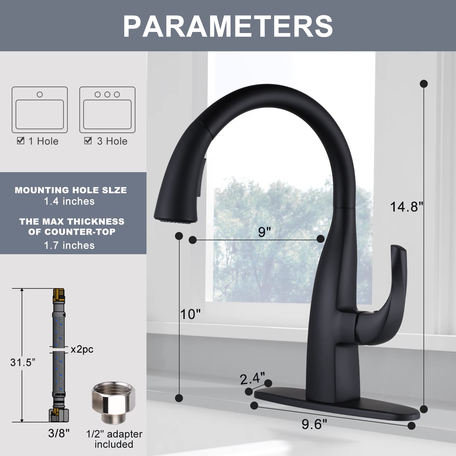 WOWOW Black Kitchen Faucet with Pull Down Sprayer - Single Handle Gooseneck Sink Faucet for 1 or 3 Hole Installation - Includes Soap Dispenser - Perfect for Farmhouse, RV, Camper, Laundry & Bar Sinks