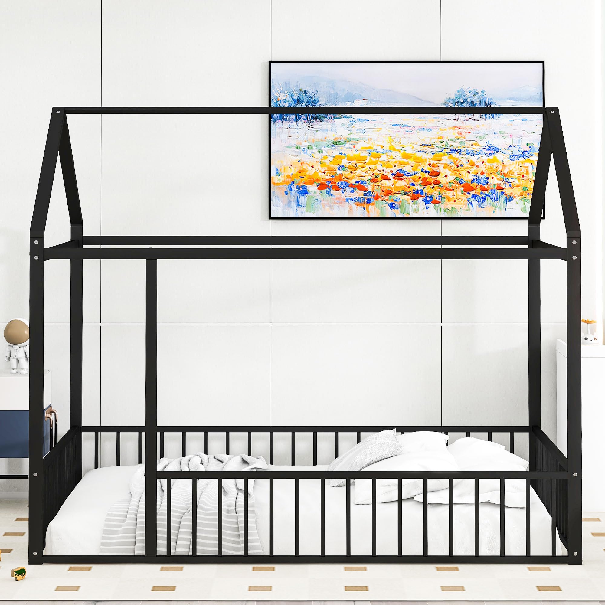 Harper & Bright Designs Full Size House Bed with Safety Rails - Metal Floor Bed Frame for Kids - Montessori Playhouse Bed with Roof - Perfect for Boys & Girls (Black) - Ideal for Bedrooms, Playrooms & Montessori Learning Spaces
