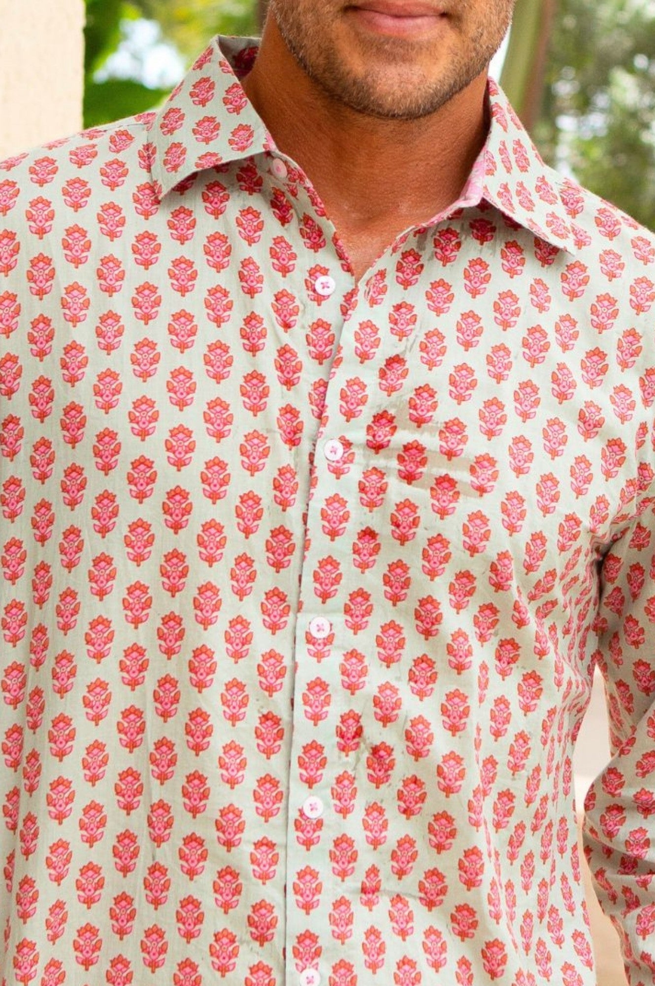 Men's Printed Cotton Shirt - Azalea Khaki & Pink Floral Design | Casual Button Down Shirt for Summer Outfits, Beach Vacations & Date Nights