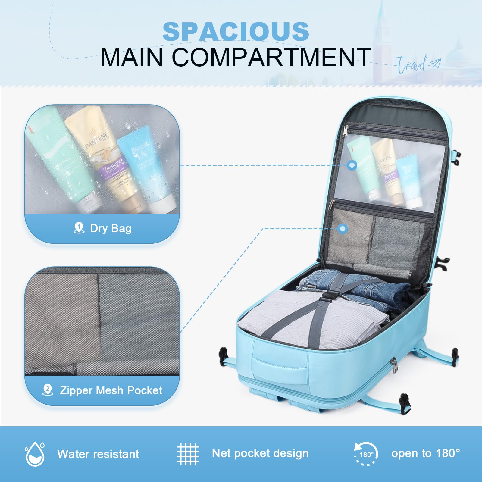 25L Waterproof Travel Backpack for Women & Men - Maelstrom Laptop Backpack Fits 17-Inch Computer with Detachable Crossbody Bag & Shoe Compartment - Light Blue Carry-On Backpack for Airplane Travel, Business Trips & Daily Commute
