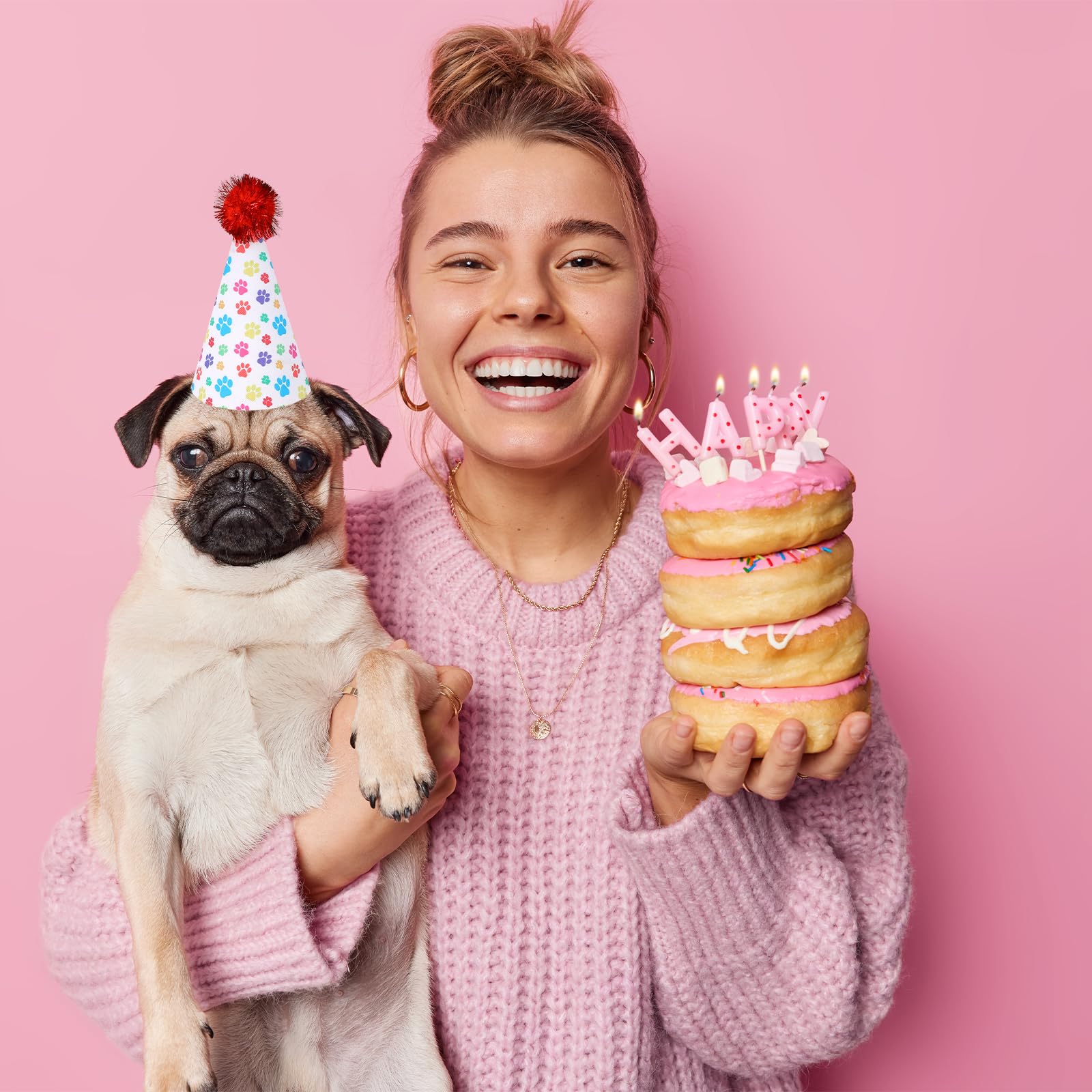 KALIONE 6 Pack Rainbow Cat & Dog Birthday Hats with Pompons - Adjustable Leather Headbands for Puppy Kitten Pet Party | Perfect for Birthday Celebrations, Photo Shoots & Pet Costume Parties