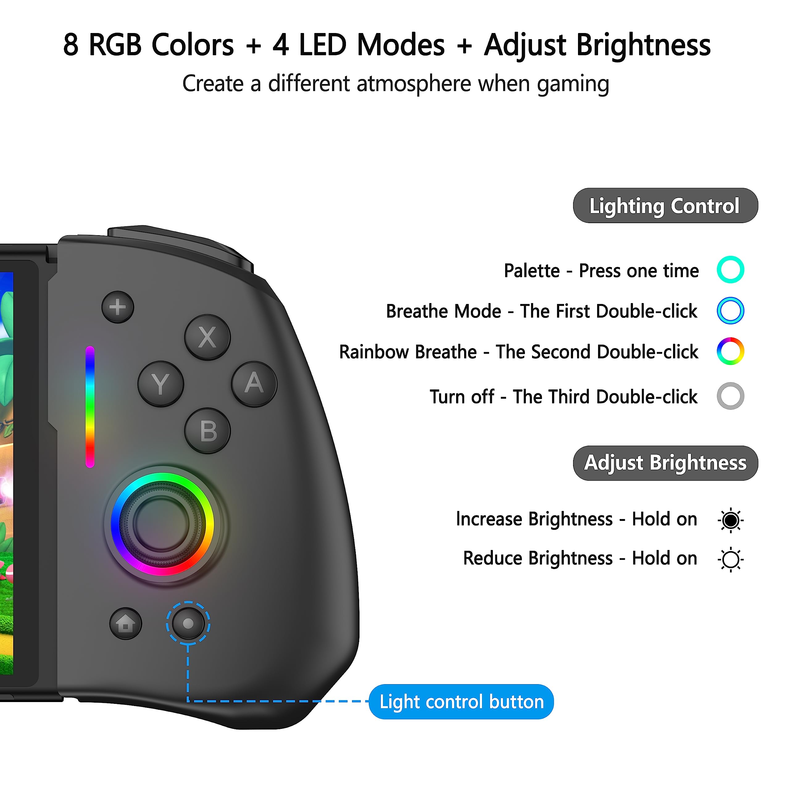 RREAKA Wireless Switch Controller for Nintendo Switch/OLED - Ergonomic Joypad with 9 Color LED Lights, Replacement for Nintendo Switch Joy-Con - Perfect for Gaming at Home, Travel & Multiplayer Sessions