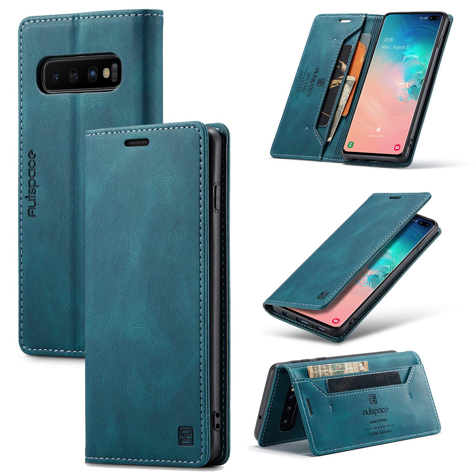 Vintage Leather Wallet Case for Samsung Galaxy S10 with Card Holder & Kickstand | Magnetic Flip Folio Cover | Perfect for Business, Travel & Everyday Use - Blue