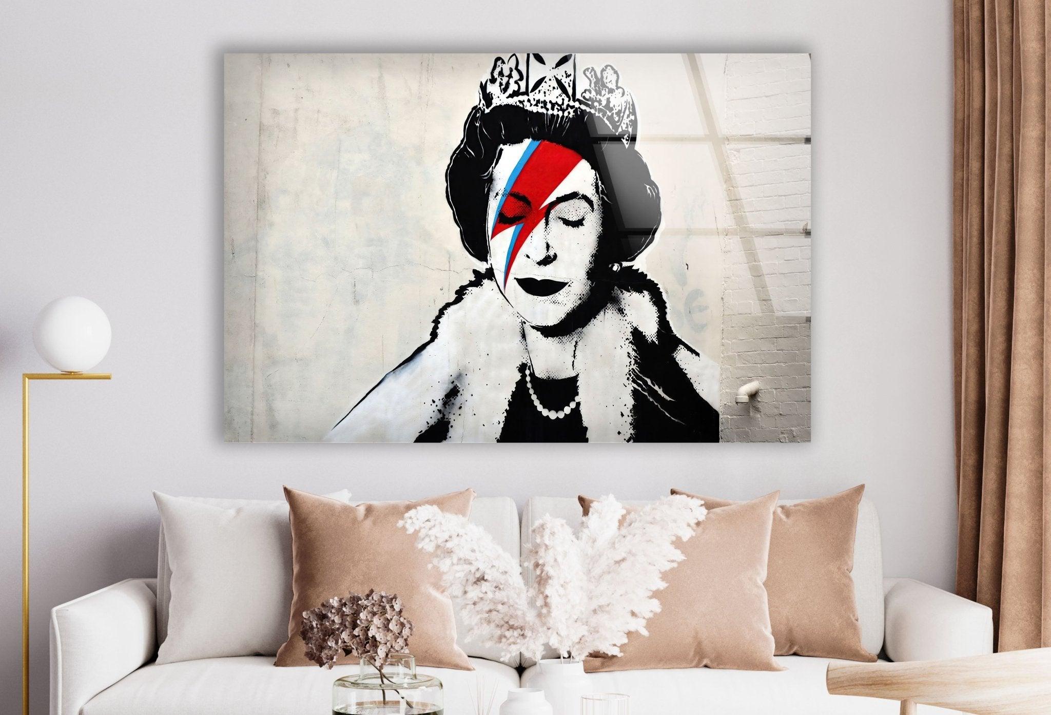 Banksy Queen Elizabeth Glass Wall Art - Modern Home Decor for Living Room, Office & Gifts | Unique Street Art-Inspired Glass Print