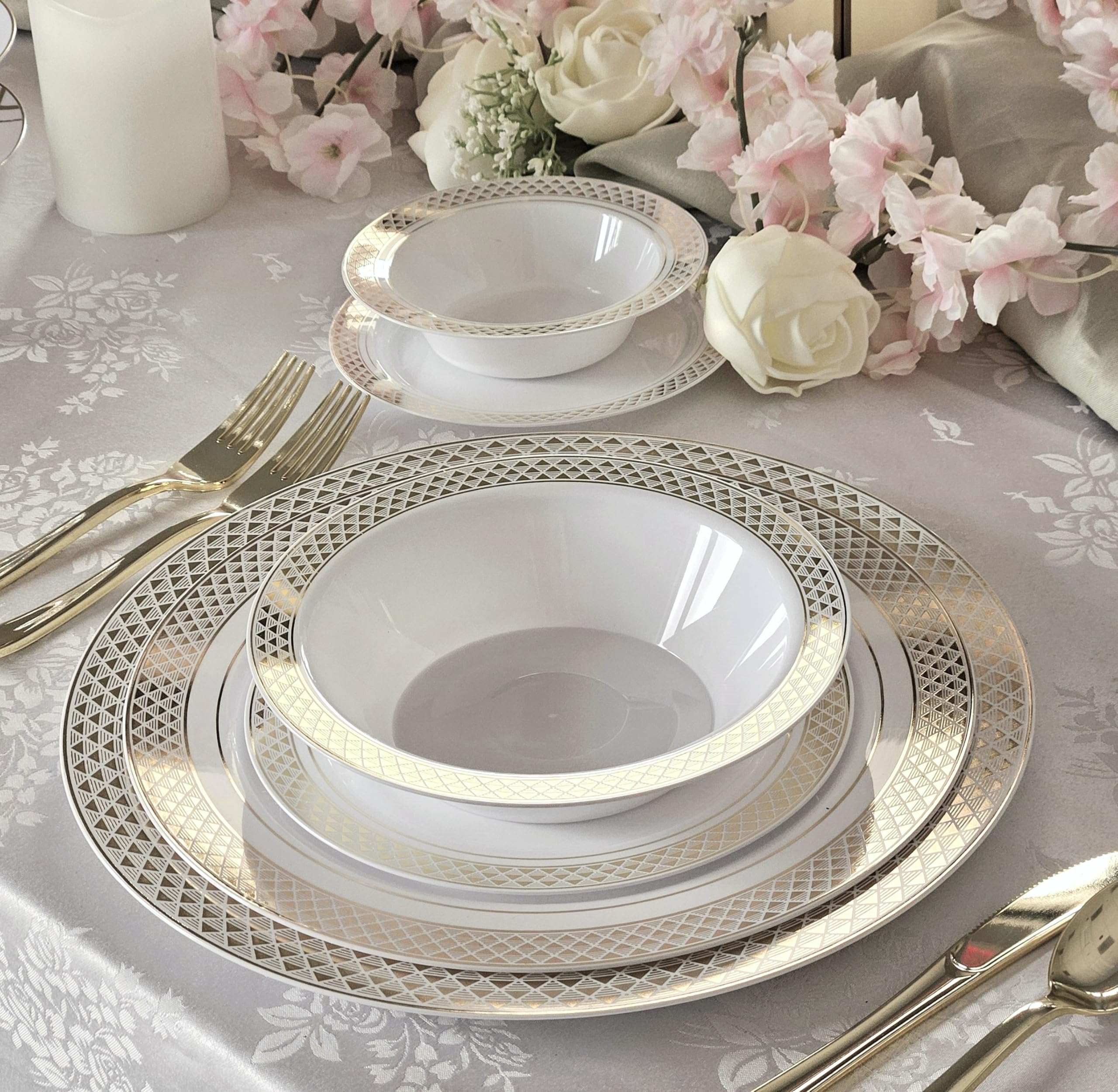 120-Piece Heavyweight Disposable Plastic Bowls Set - 14oz Elegant White & Gold Soup Bowls for Weddings, Parties & Celebrations | Perfect for Catering, Events & Home Entertaining