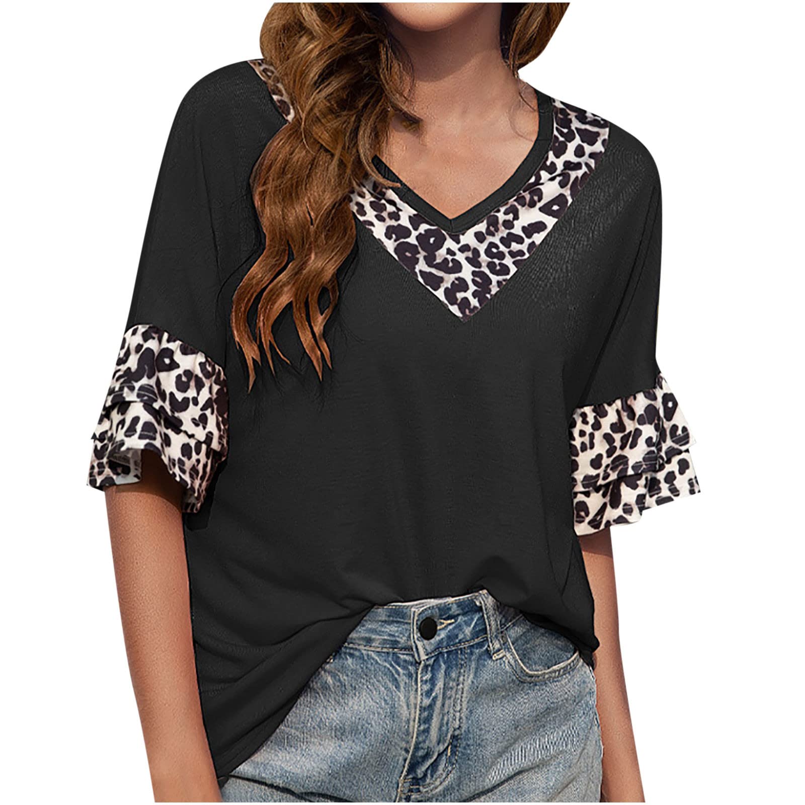 Women's Summer Tops - Leopard Print V-Neck Short Sleeve Casual T-Shirt | Vacation & Beach Wear | Perfect for Travel, Outings & Summer Fashion